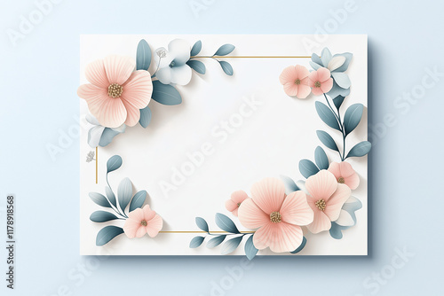 Floral Greeting Card with Pink and Blue Flowers on Light Blue Background. Elegant Botanical Arrangement for Romantic Occasions and Special Events. Stylish and Delicate Design. AI generated