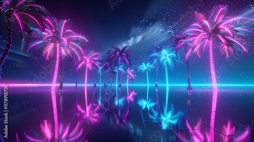 Neon-lit palm trees at night, creating a glowing, tropical scene.