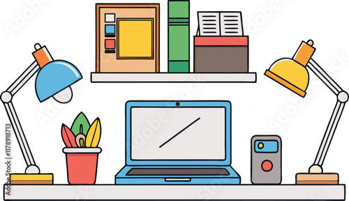 Modern workspace with laptop, organized shelves, colorful books, lamps, and potted plants in a creative and professional environment