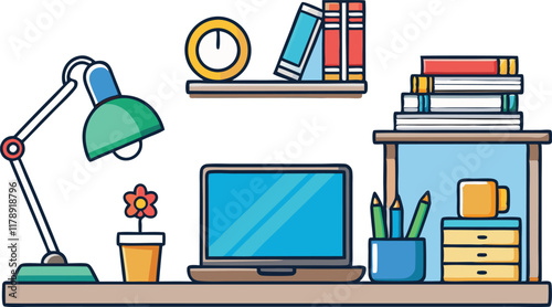 Home office desk arrangement with a laptop, decor elements, bookshelves, and lamps designed in a colorful and clean illustration style
