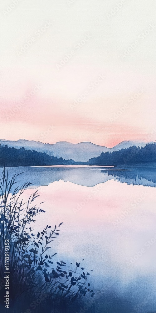 Fototapeta premium Tranquil sunrise over a peaceful lake with pastel skies and mountain silhouettes, perfect for nature and landscape themes.