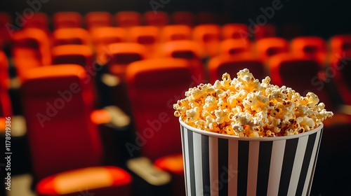 Popcorn cup in a theater with red seats.