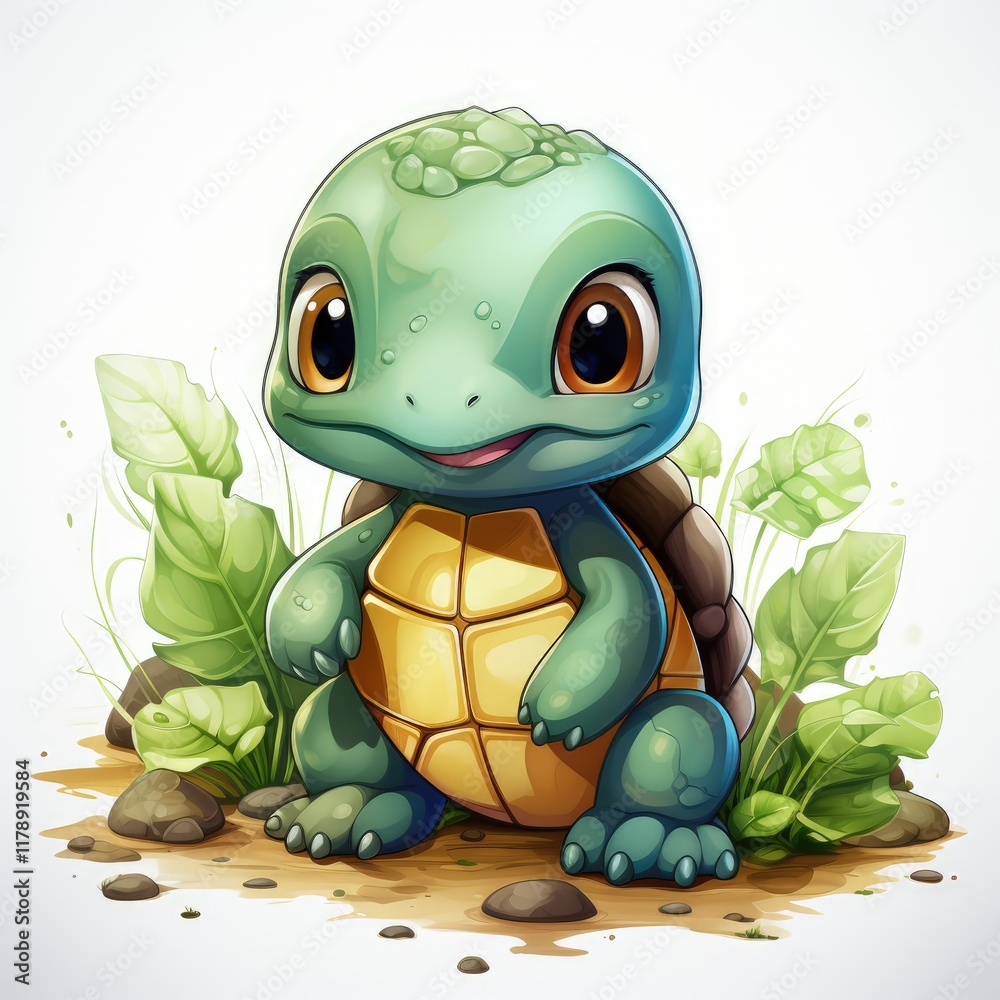 Fototapeta premium Small Green Turtle with Round Eyes Looking Playful