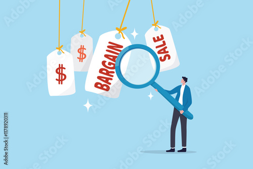 Bargain sale event, finding discount retail price, coupon or promotion offer, price advantage for customer, consumer, special price marketing concept, young man finding special bargain sale price tag.