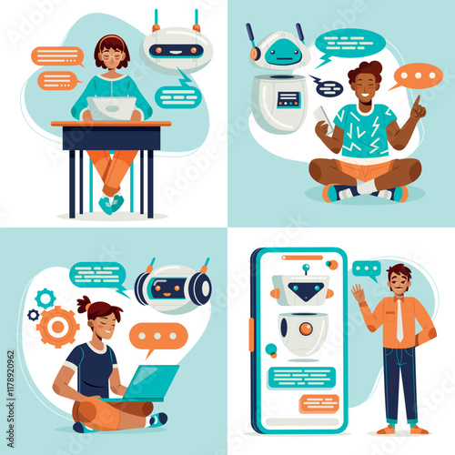 Flat conversational ai chatbot illustration set collection