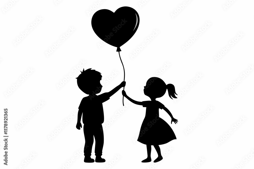 black and white child couple with heart vector on white background black and white child couple with heart vector on white background