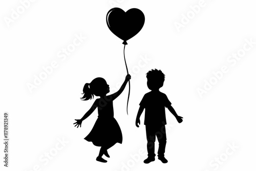 black and white child couple with heart vector illustration on white background