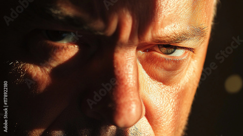 A close shot of a manâs intense gaze framed by furrowed brows, with warm sunlight highlighting his skin. photo