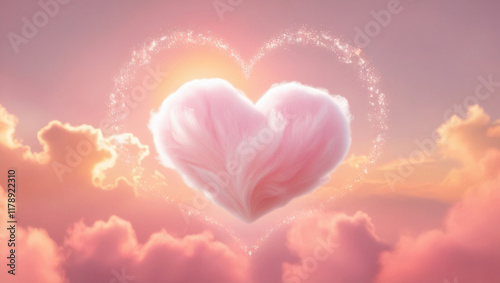 Heart-Shaped Cloud in a Magical Sunset Sky with Sparkling Stars. Valentine's Day or Wedding Banner. Greeting card, Valentine's Day or Wedding Invitation.