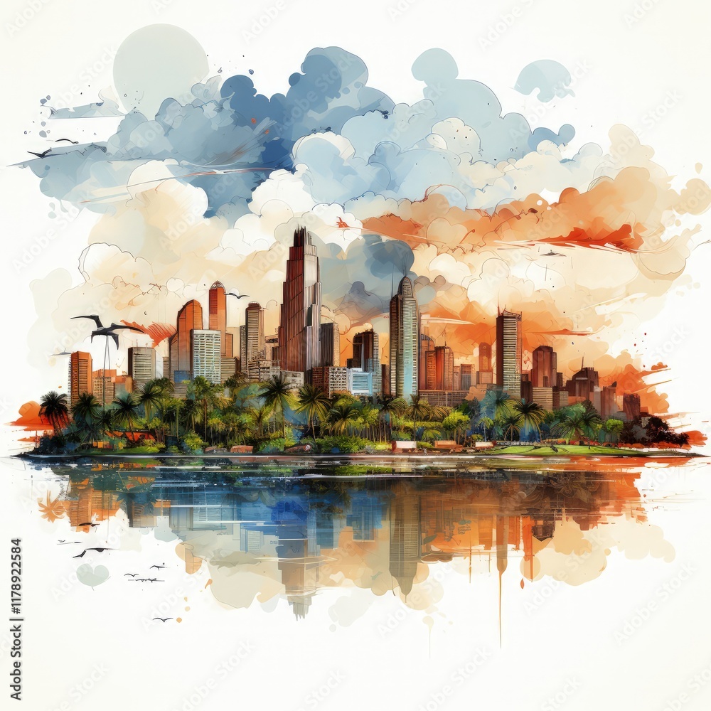 Fototapeta premium A Minimalistic Illustration of Panama City Skyline with Ocean View