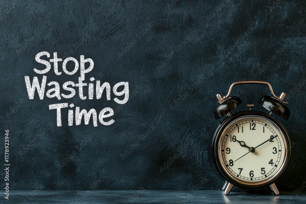 Classic alarm clock with motivational message to stop wasting time Classic alarm clock with motivational message to stop wasting time