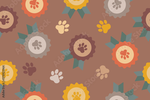 Seamless pattern of award symbol icon. Dog or cat paw print badge with ribbons. Pet show winner concept. Trendy modern illustration on mocha mousse color background. Vector