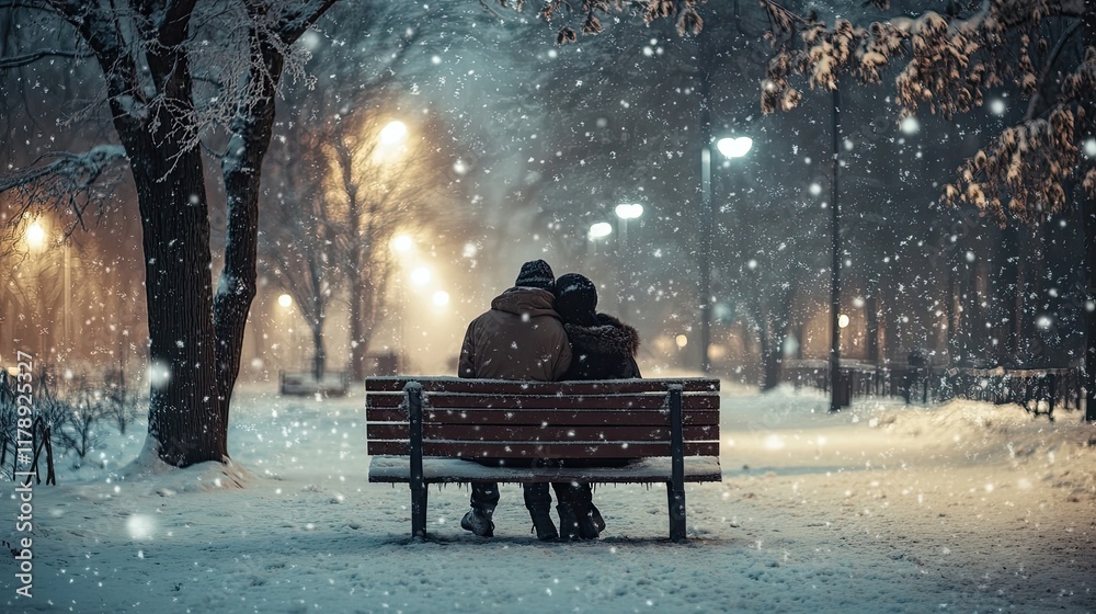 A couple enjoying a quiet moment on a snow-covered bench, wrapped in each othera??s arms as flakes gently fall. A couple enjoying a quiet moment on a snow-covered bench, wrapped in each othera??s arms as flakes gently fall.