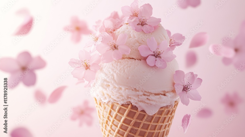 Ice cream cone with cherry blossoms and petals flying on a pink background. Ice cream cone with cherry blossoms and petals flying on a pink background.