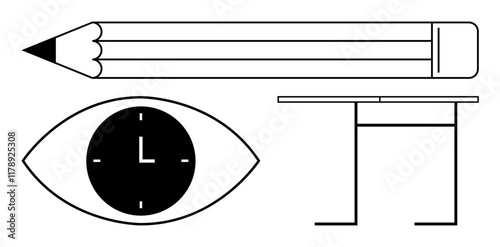 Clock inside an eye, pencils, and a streamlined desk design represent time management and creativity. Ideal for productivity, organization, creativity, vision, work-life balance, focus abstract line