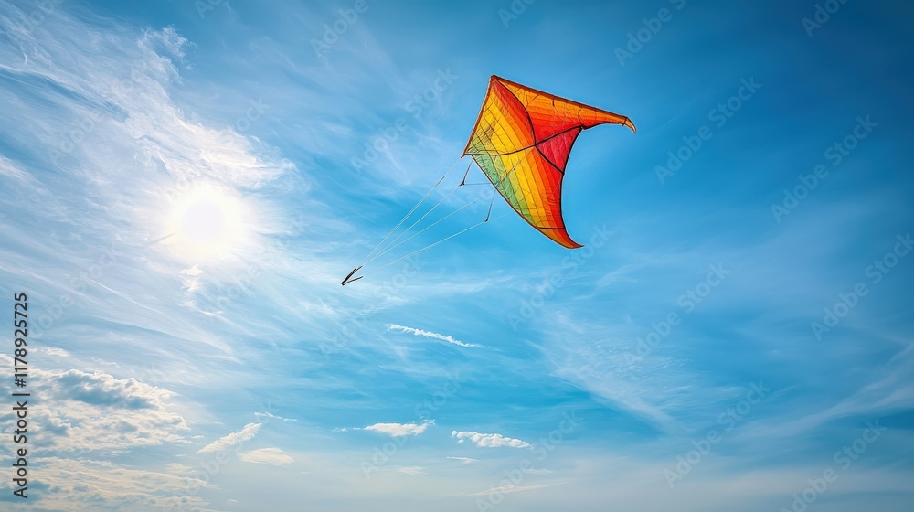 Fototapeta premium A vibrant kite soars high against a bright blue sky, illuminated by the sun, creating a cheerful and serene atmosphere.