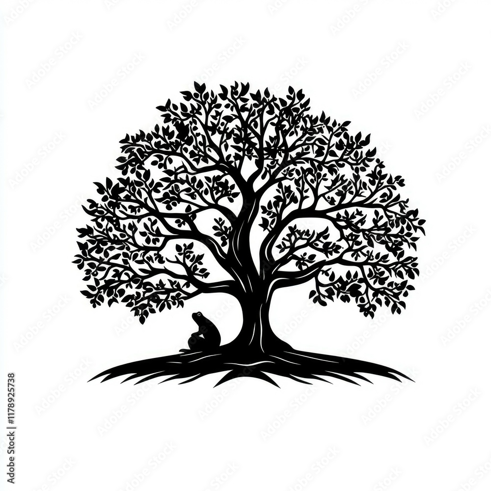 Fototapeta premium Serene Frog Silhouette Underneath a Majestic Tree: A Black and White Nature Illustration