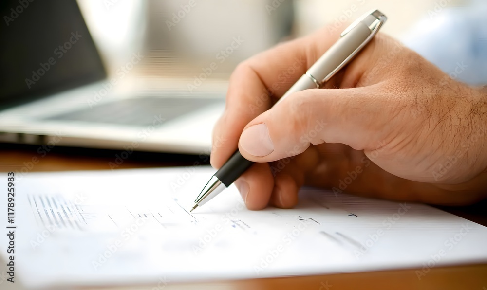 Close-up of a businessman's hand reviewing financial charts and graphs with a pen, Generative AI Close-up of a businessman's hand reviewing financial charts and graphs with a pen, Generative AI