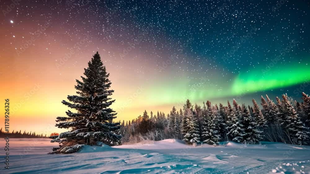 An awe-inspiring scene showcasing a snowy landscape adorned with trees and illuminated by a vivid green aurora borealis, White snow glowing under the multicolored northern lights An awe-inspiring scene showcasing a snowy landscape adorned with trees and illuminated by a vivid green aurora borealis, White snow glowing under the multicolored northern lights
