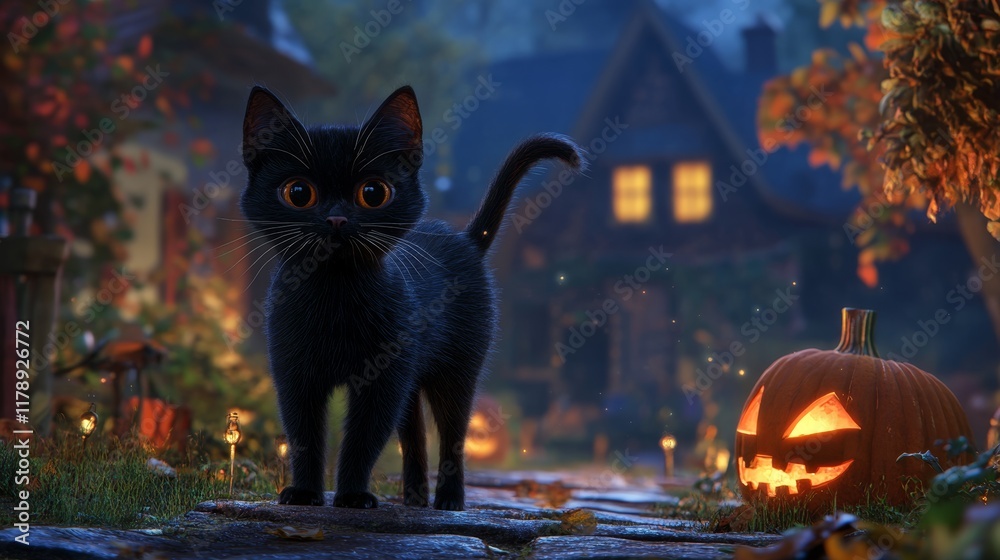 Obraz premium A charming black cat stands confidently near a glowing pumpkin under the enchanting Halloween night. Glimmering lights enhance the whimsical atmosphere of autumn.
