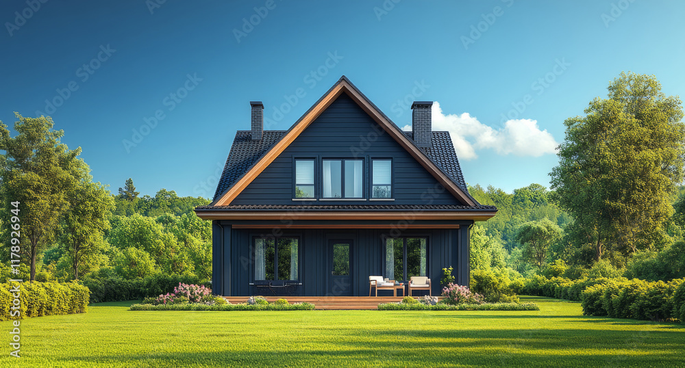 Modern black wooden country house sitting in a vast green field under a bright blue sky, embodying eco-friendly living Modern black wooden country house sitting in a vast green field under a bright blue sky, embodying eco-friendly living