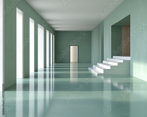 Minimalist green hallway with stairs and windows.
