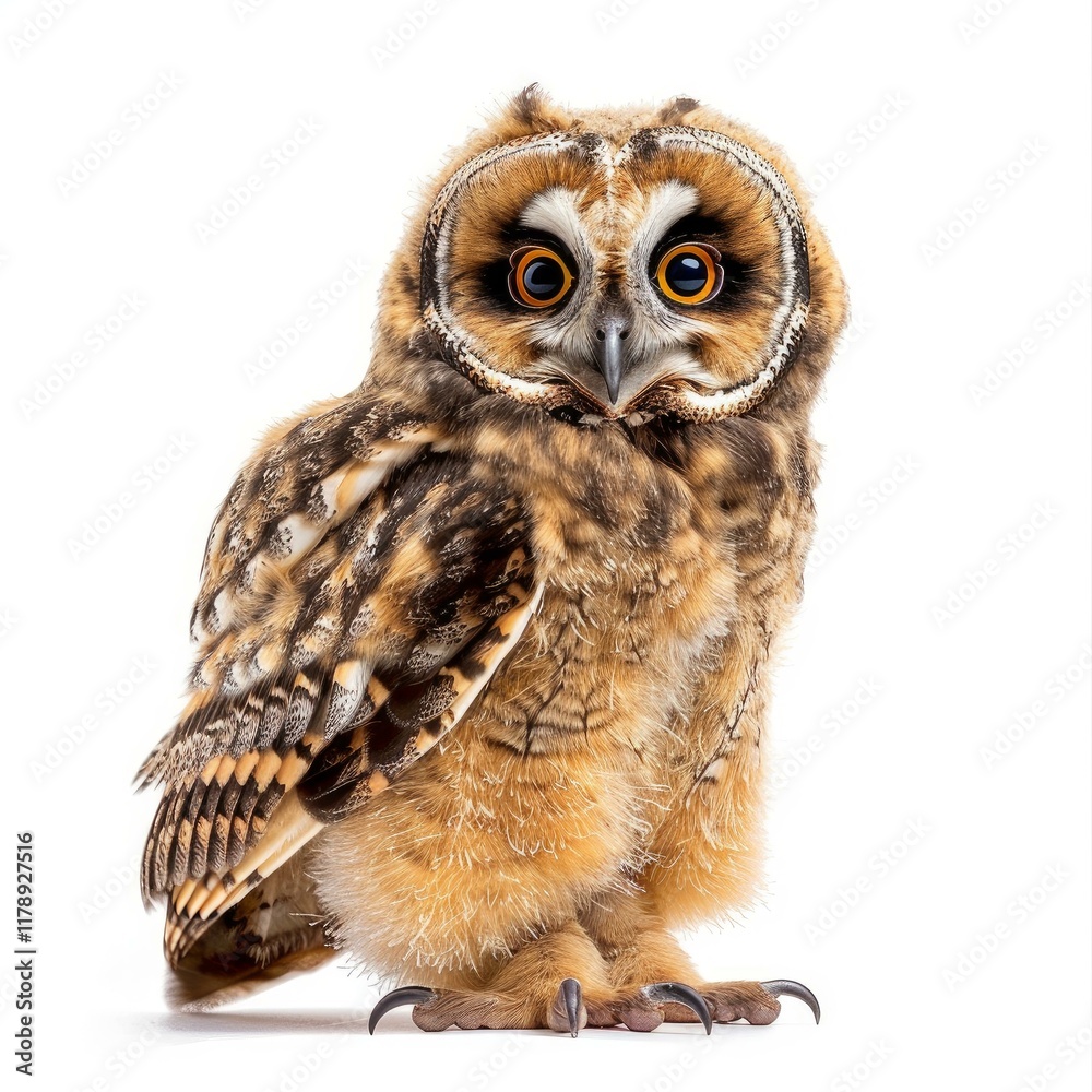 Naklejka premium Long eared owl standing, looking forward, isolated on white background