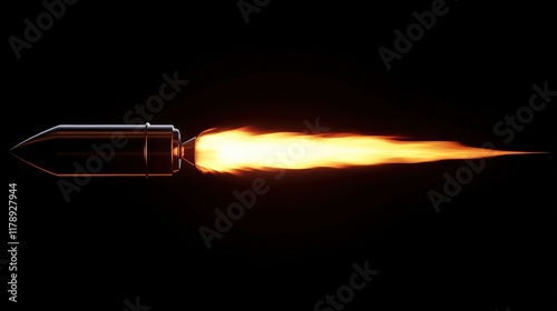 A sleek rocket with a powerful flame jetting out behind it, set against a black background, symbolizing speed and propulsion.