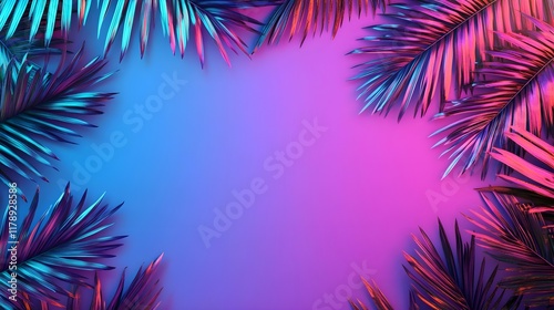 neon palm leaves frame, tropical background - neon colors
