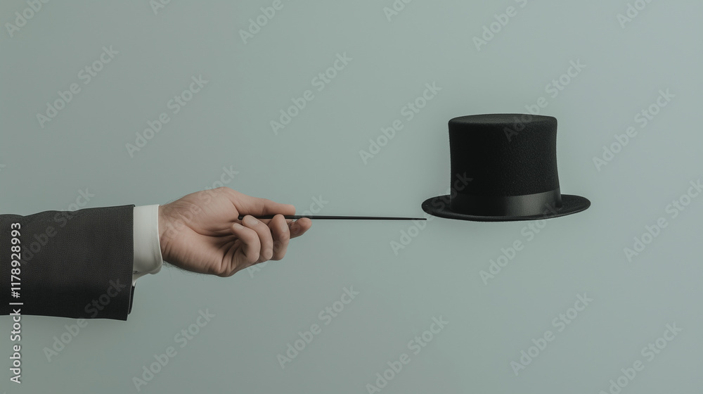 Fototapeta premium Magic trick with a hand holding a wand and a floating black top hat against a minimal background. Generative AI