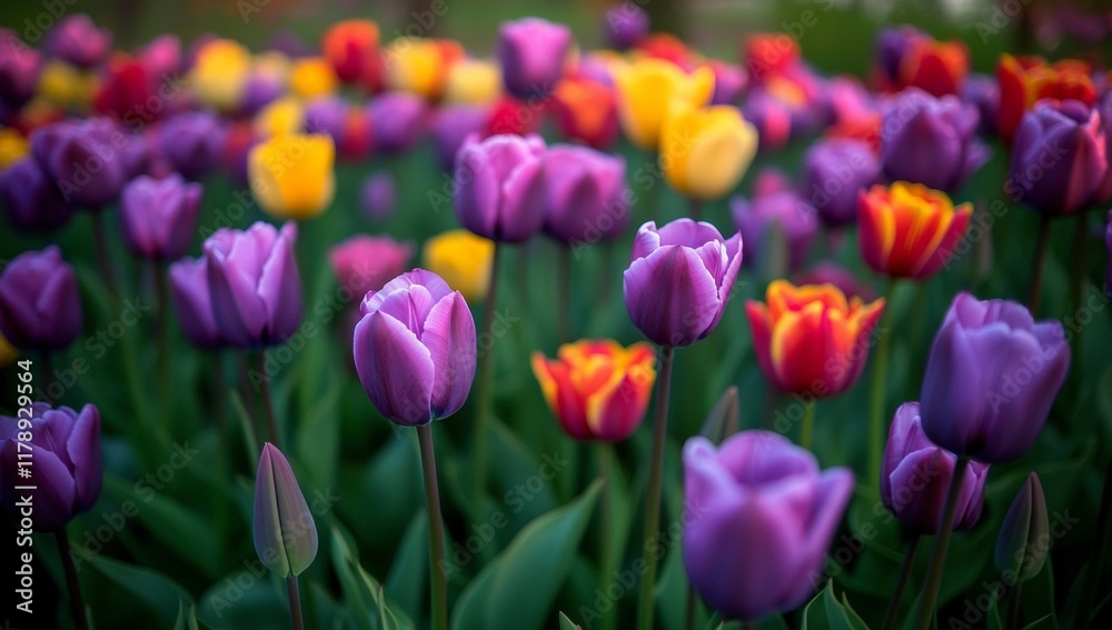 Field of purple tulips in full bloom With yellow and red tulips in the background Field of purple tulips in full bloom With yellow and red tulips in the background
