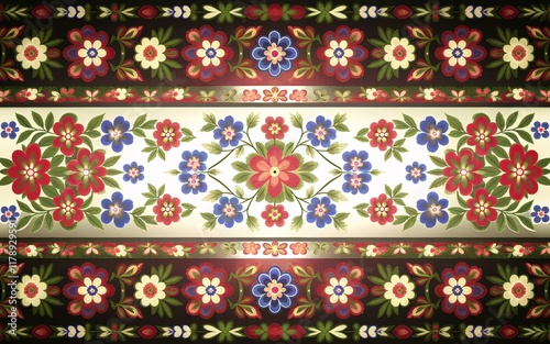 Polish Folk Art Patterns, Poland Ornate floral pattern with red, blue, and white flowers on a dark background.