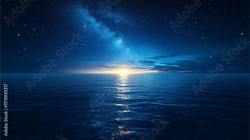 Starry Night Sea: A breathtaking panoramic view of the ocean under a star-studded sky. The Milky Way stretches across the heavens, casting a ethereal glow upon the tranquil waters below.