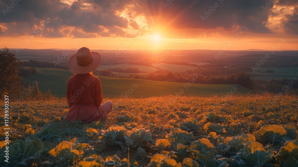 Obraz premium A person sitting in a field, watching a sunset over rolling hills and crops.