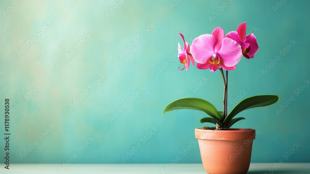 Bright pink orchid in a small clay pot, isolated on a calming pastel green background. Bright pink orchid in a small clay pot, isolated on a calming pastel green background.
