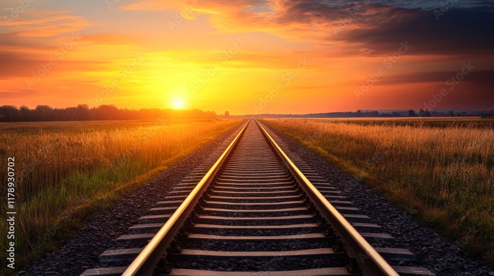 A serene sunset over railway tracks stretches into the horizon, surrounded by golden fields, This image can be used for travel blogs, inspirational quotes, or themes of adventure and exploration, A serene sunset over railway tracks stretches into the horizon, surrounded by golden fields, This image can be used for travel blogs, inspirational quotes, or themes of adventure and exploration,