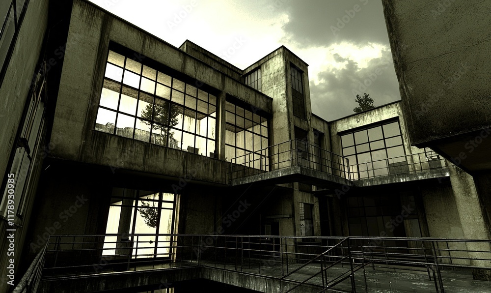Modernist building exterior with balconies, stairs, large windows, cloudy sky, suitable for architectural studies. Modernist building exterior with balconies, stairs, large windows, cloudy sky, suitable for architectural studies.