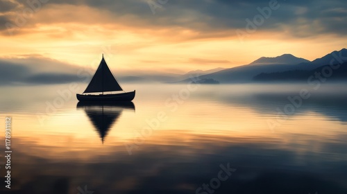 A serene boat floats on a tranquil lake during sunset, surrounded by misty mountains, This image is perfect for travel brochures, relaxation themes, or nature-inspired art, photo