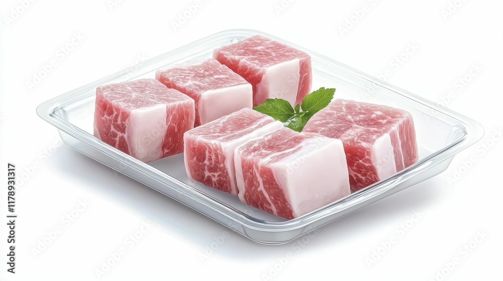 Packaged pork belly Fresh pork belly cubes with a sprig of mint garnish. Packaged pork belly Fresh pork belly cubes with a sprig of mint garnish.