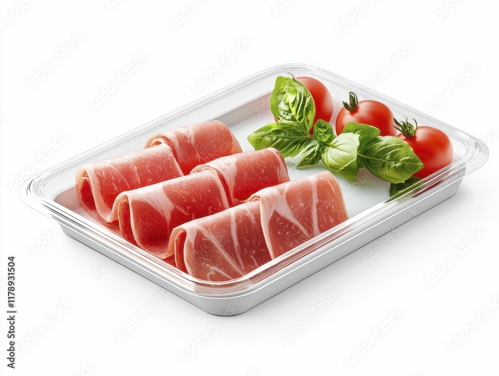 Packaged pork belly Fresh meat platter with herbs and cherry tomatoes. Packaged pork belly Fresh meat platter with herbs and cherry tomatoes.