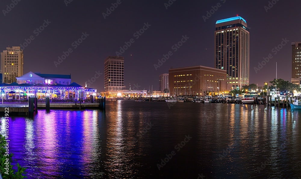 Norfolk waterfront panorama lit buildings, boats, reflections at night. Norfolk waterfront panorama lit buildings, boats, reflections at night.