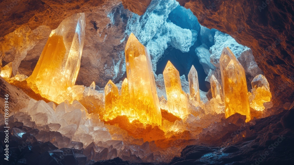 Mystical cave adorned with luminous crystals, concealing a treasure trove of ancient secrets and enchanting beauty Mystical cave adorned with luminous crystals, concealing a treasure trove of ancient secrets and enchanting beauty
