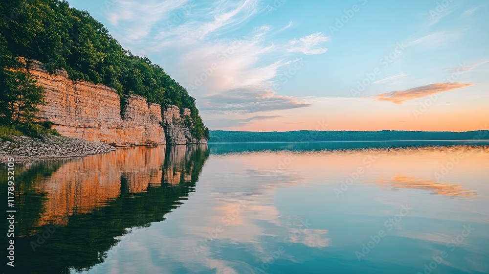 Fototapeta premium Cliffside with a dense forest covering the slopes, overlooking a calm lake reflecting the sky.