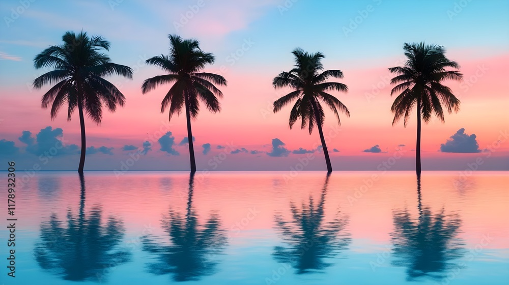 serene sunset palm trees reflection - pastel colors