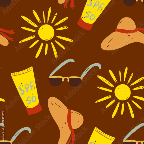 Summer beach essentials seamless pattern hand drawn design with sun, sunglasses, and sunscreen on a brown background vector illustration