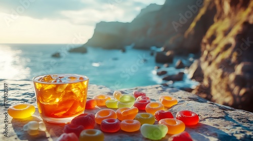 Jelly rings and gummies scattered on a table with a drink beside them overlooking a spectacular view of cliffs photo