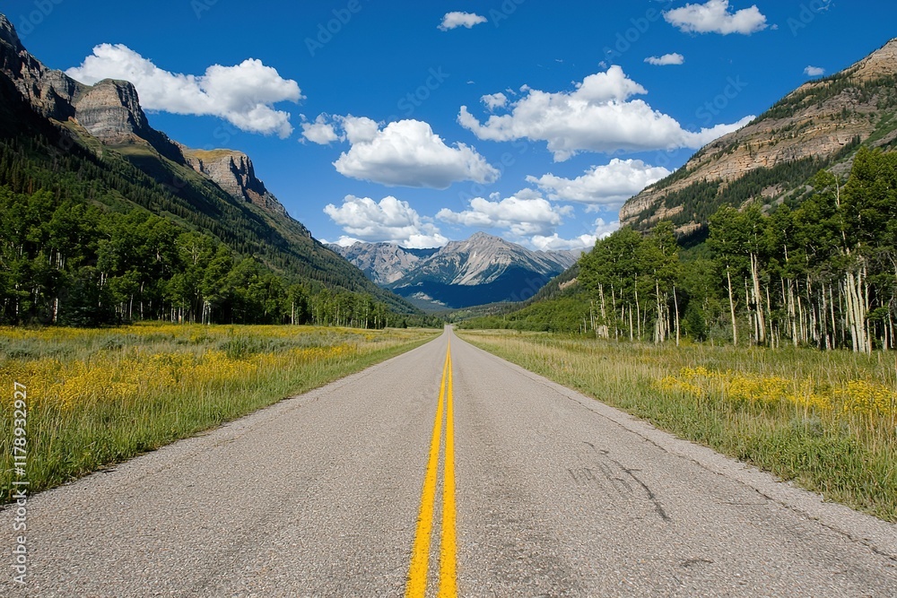 Fototapeta premium Open road through mountain valley with wildflowers and trees under blue sky.