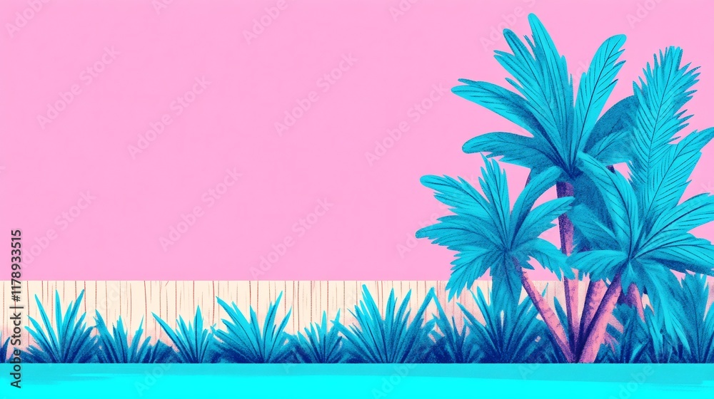 Naklejka premium Vibrant Digital Painting: Teal Palms Gracefully Rise Against a Pink Wall. AI Generated