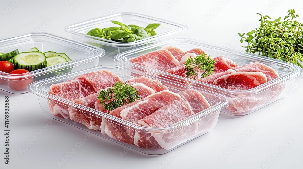 Packaged pork belly Fresh meat and vegetables in clear packaging trays. Packaged pork belly Fresh meat and vegetables in clear packaging trays.