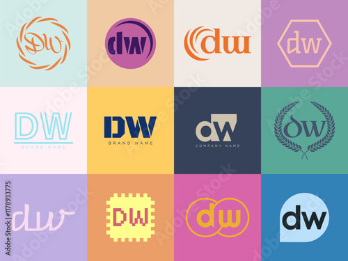 DW logo company template. Letter d and w logotype. Set different classic serif lettering and modern bold text with design elements. Initial font typography.